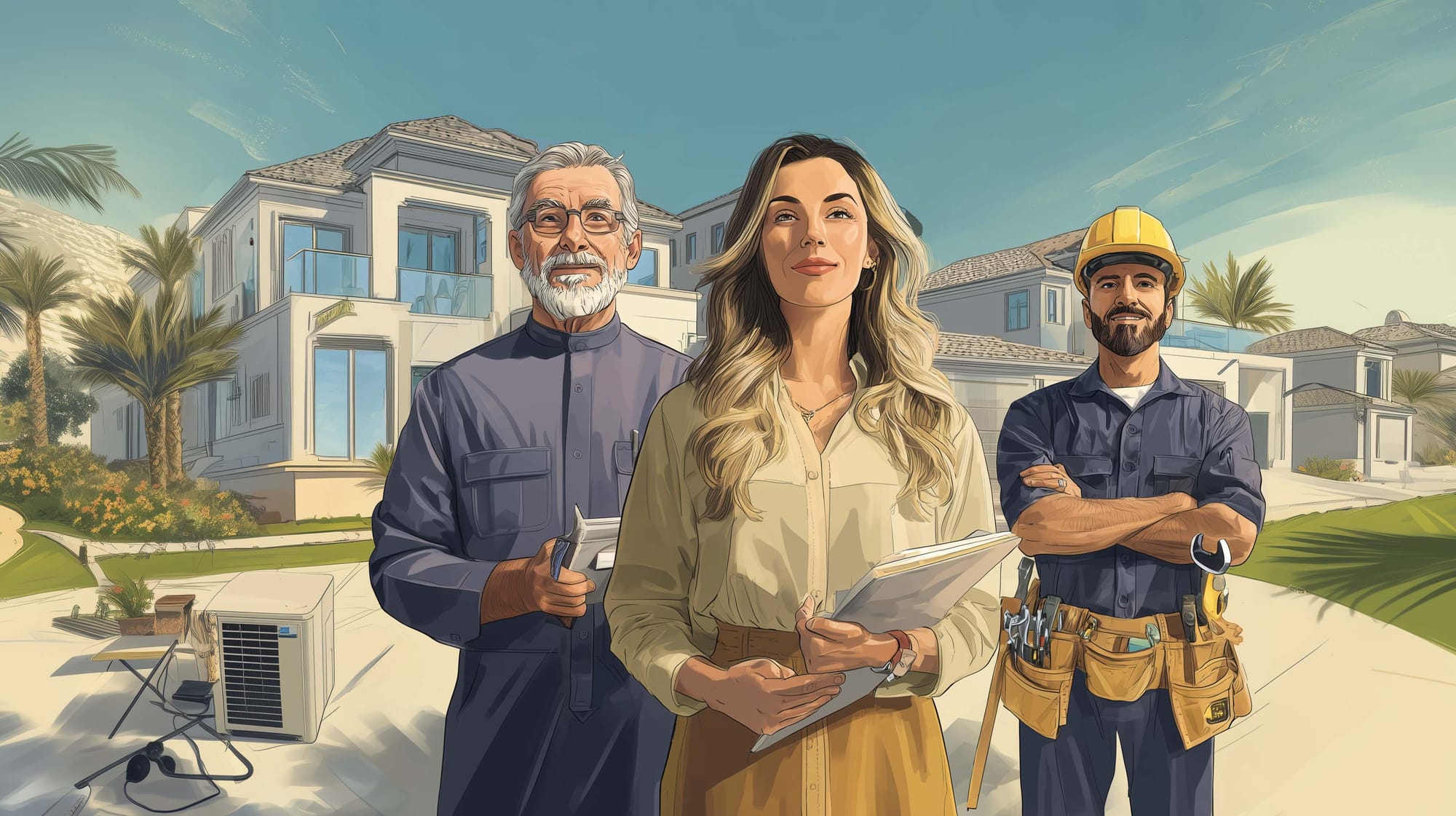 Three skilled home service professionals — an AC technician, a designer, and a contractor — stand proudly outside a luxury Dubai villa.