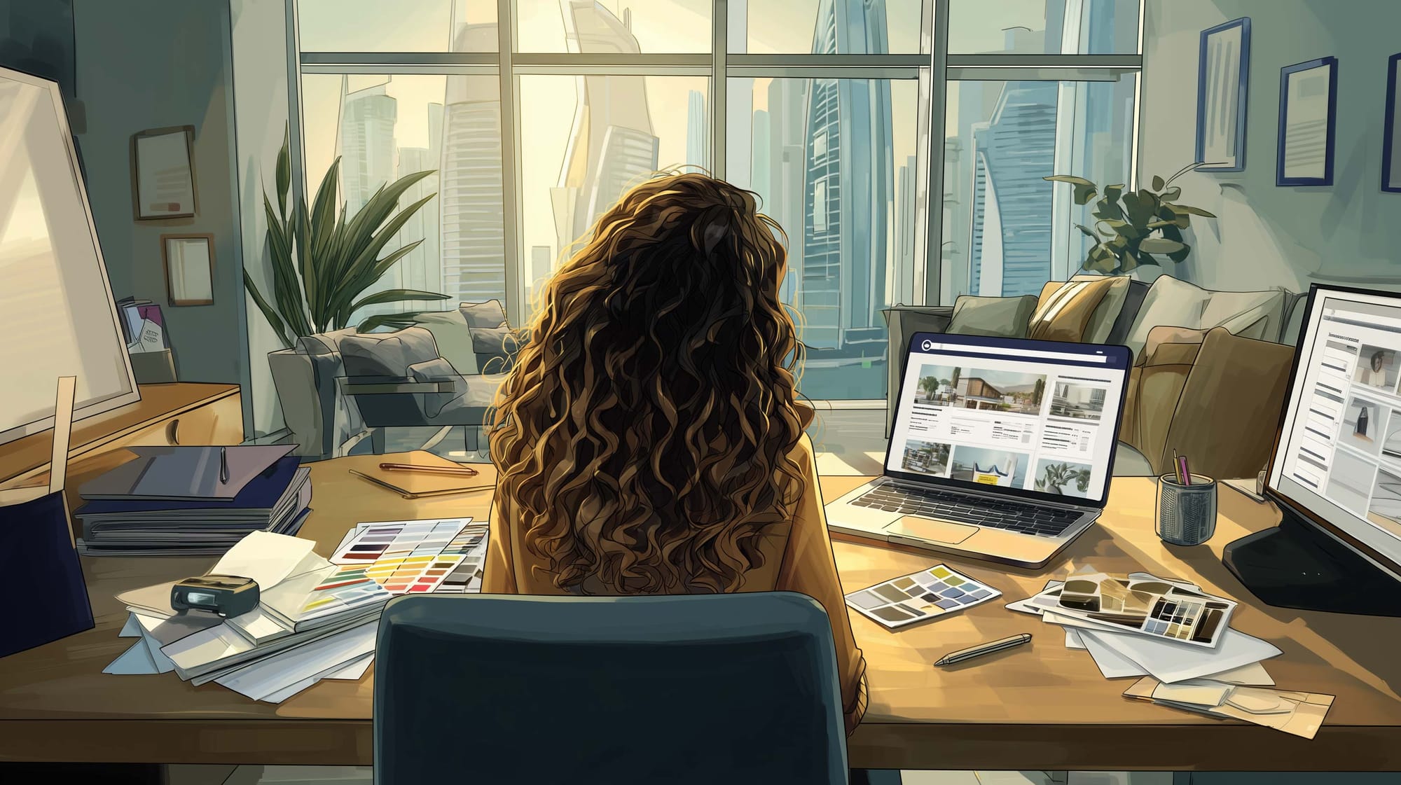 A woman reviews expert profiles and colour samples on her desk in a stylish office, with the Check Trusty platform visible on her laptop screen.