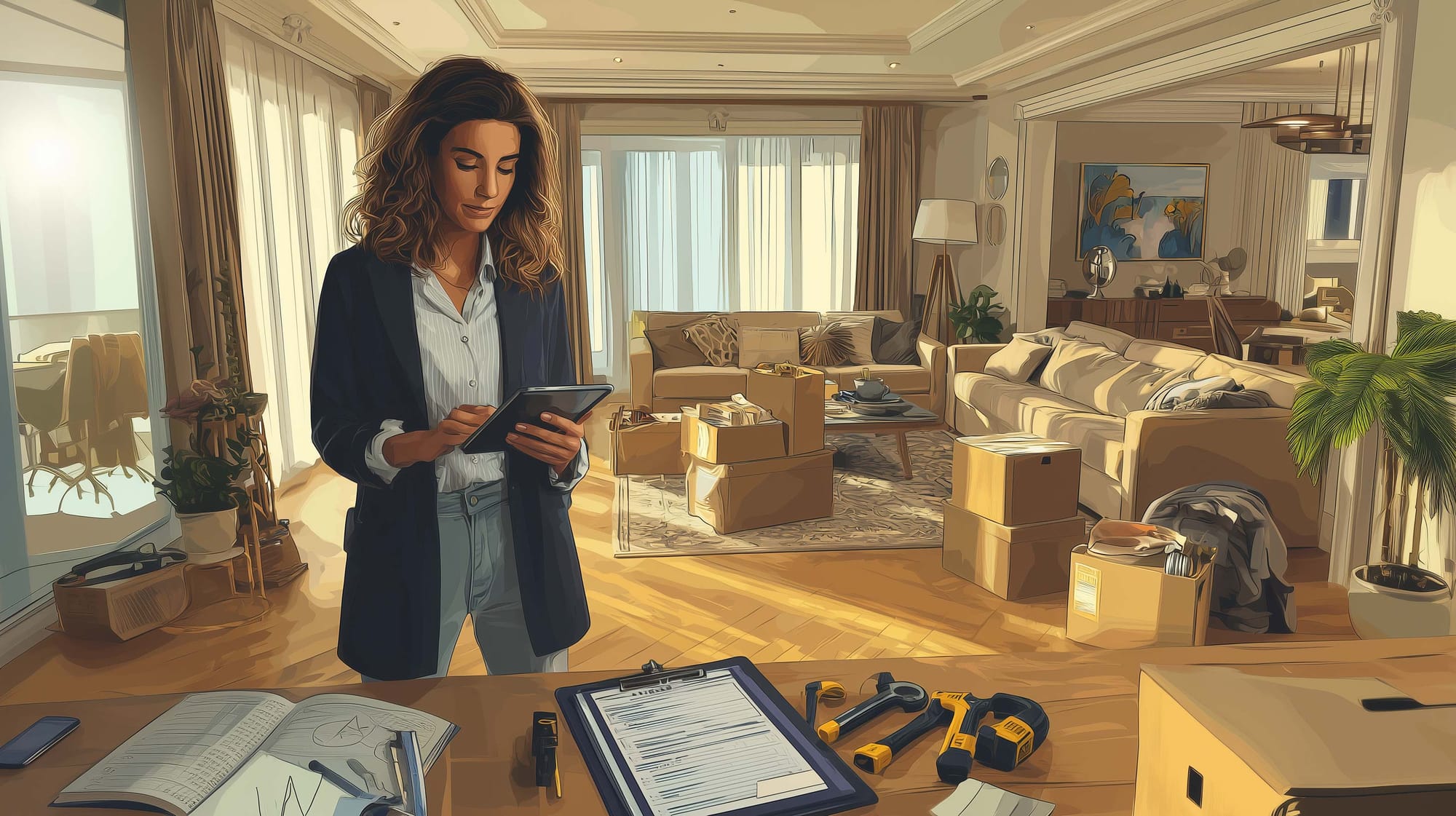 A woman stands in a sunlit living room mid-renovation, confidently comparing contractor quotes on her tablet surrounded by boxes and tools.