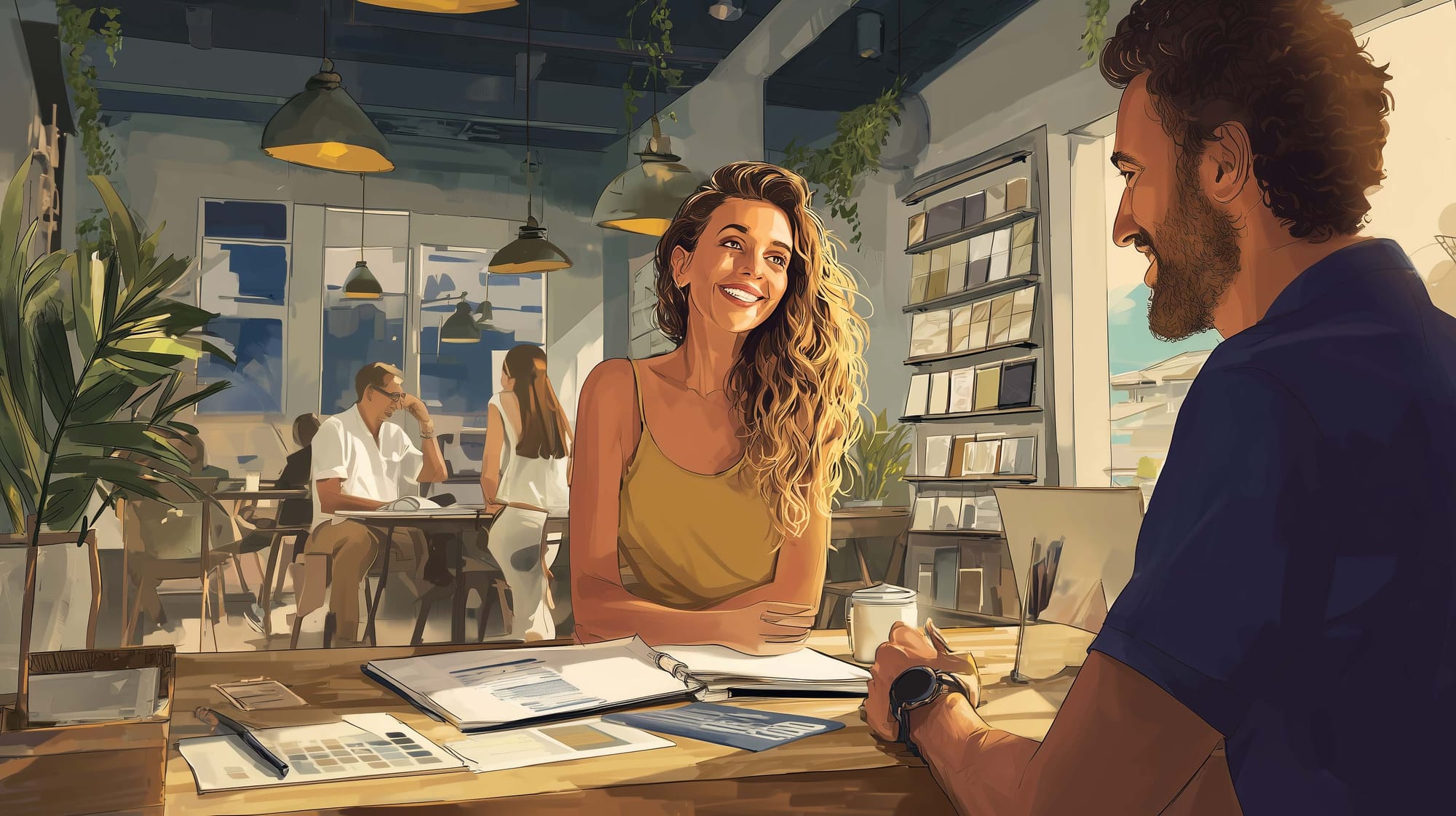 A smiling client discusses renovation plans with an expert in a showroom filled with paint samples and warm natural light, reflecting a collaborative partnership.