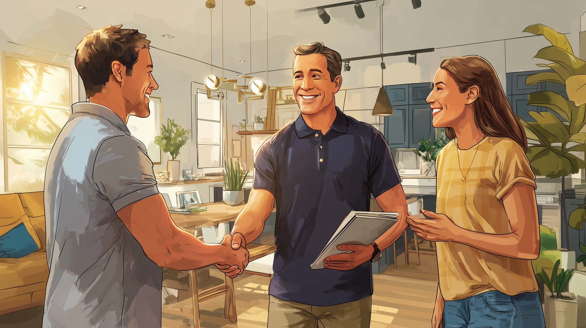 A trusted home expert shakes hands with a homeowner inside a bright, renovated apartment, symbolising professionalism and mutual trust.