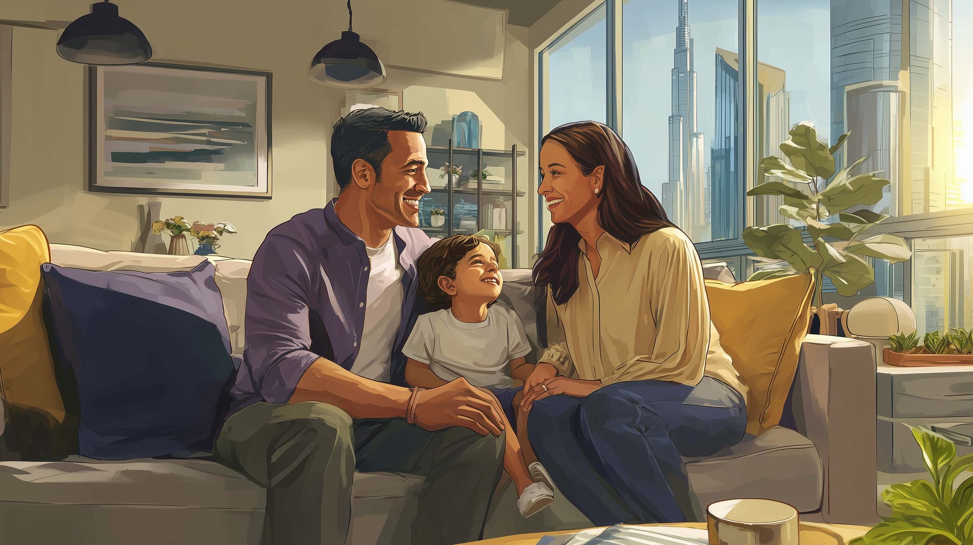 A happy multicultural family sits together in their modern Dubai living room, smiling and relaxed after completing a successful home renovation.